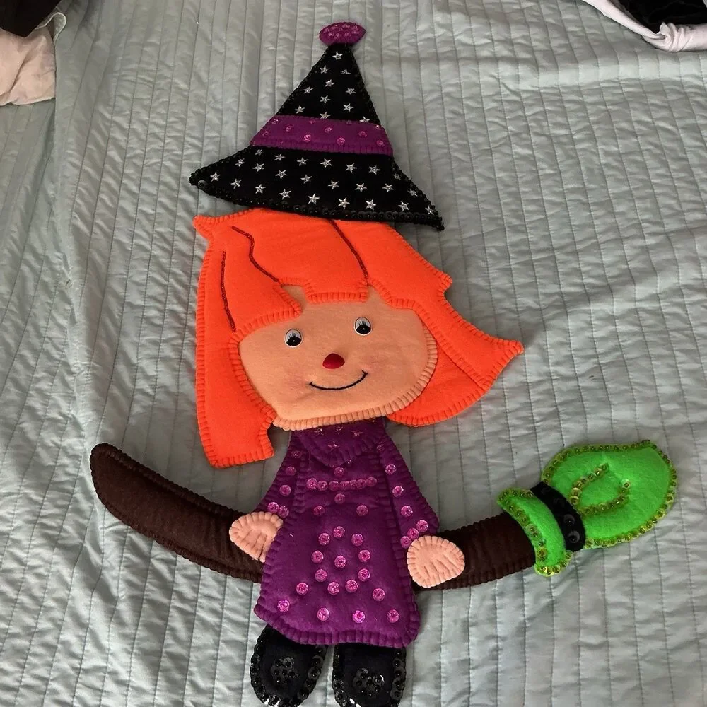 Handmade Halloween Witch Wall Hanging Felt Sequin Decor Orange Hair 34”